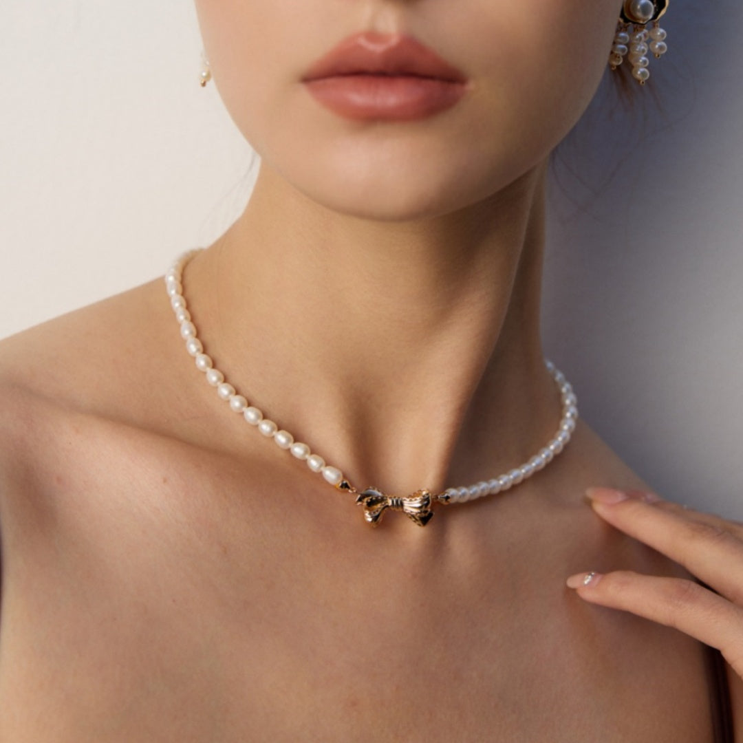 リボンモチーフ 淡水パール ネックレス