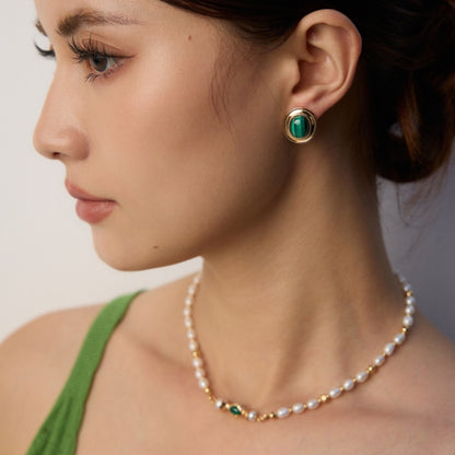 マラカイト オーバル型 スタッドピアス