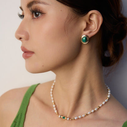 マラカイト オーバル型 スタッドピアス